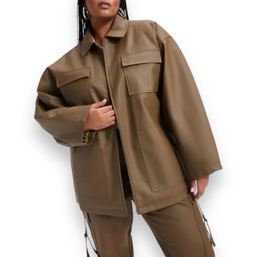 Good American Jacket‎ L Better Than Leather Oversized Chore Brown Shacket Zip